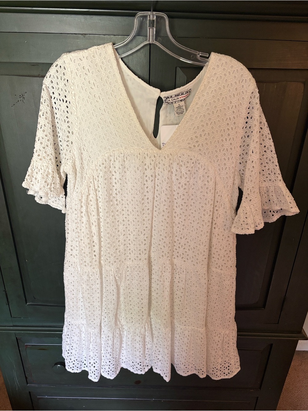 Flying Tomato White Eyelet V-Neck Ruffle Sleeve Dress